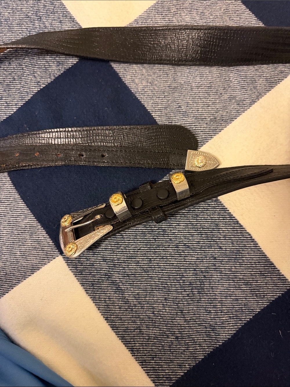Black Western-Inspired Men's Leather Belt with Gold & Silver Accents